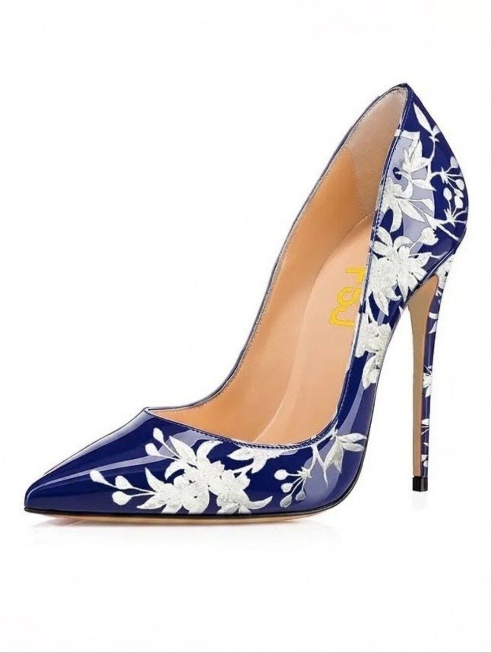 FSJ Navy Pointed Toe Floral Pattern Patent Leather Stiletto Heels Size US 7